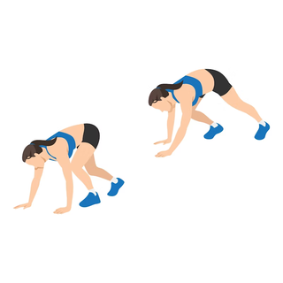 Illustration of a woman bending forwards with her hands and feet on the ground, knees slightly bent and doing a bear walk.
