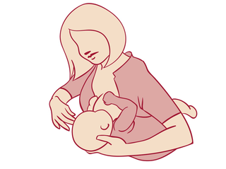 Woman holding a baby in the football hold position, her baby lying along her arm and supported by her hand and wrist