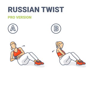 An illustration of a woman doing a Russian twist. On the left she twists to one side and on the right she twists to the other side.