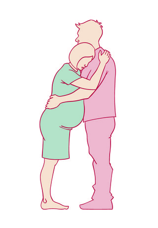 pregnant woman leaning her upper body against a partner's chest while standing