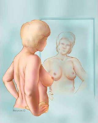 Woman standing in front of the mirror with her shoulders straight and her hands on her hips.