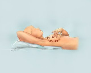 A woman lying on her back, checking her breast with her hand using a circular motion.