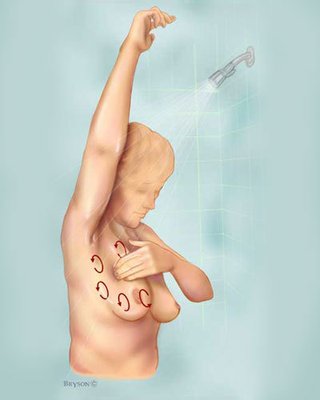 A woman standing in the shower checking her breast.