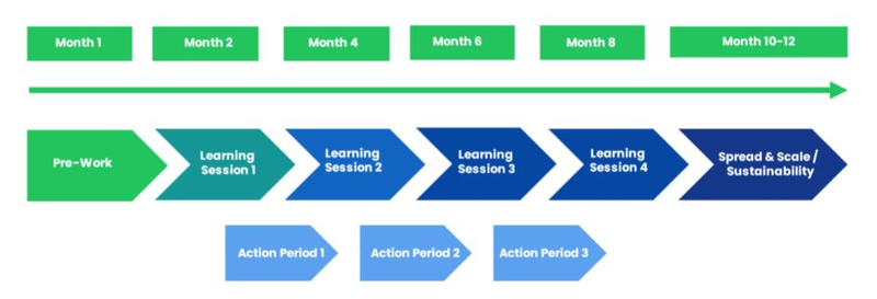The figure below shows the sample phases and timeline for an Improvement Collaborative