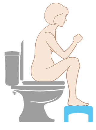 Illustration of a woman sitting on a grey toilet with a blue footstool under her foot. She is leaning forwards with her elbows on her knees.