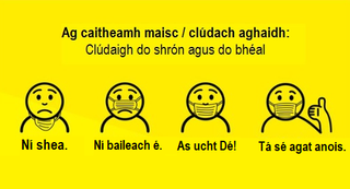 Cén chaoi masc aghaidhe a chaitheamh? Clúdaigh do shrón agus do bhéal.