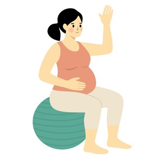A pregnant woman sitting on top of a birthing ball keeping her back straight and her knees at a right angle