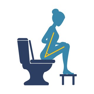 Illustration of a woman sitting on a grey toilet with a blue footstool under her foot. She is leaning forwards with her elbows on her knees.