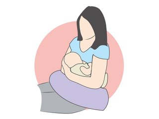 An illustration of a mother feeding her baby in the football hold position