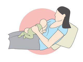 An illustration of a mother feeding her baby in the laid back positions