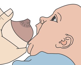 Illustration of a mother placing her nipple close to her baby's mouth, in line with their nose