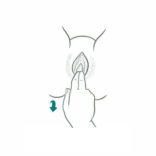 Illustration showing how to do a perineal massage with two fingers at the base and inside a vagina, pressing down toward the anus
