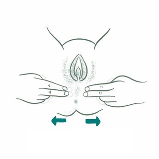 Illustration showing two forefingers resting on the sides of buttocks, just below the vagina, and stretching to the side to do a perineal massage