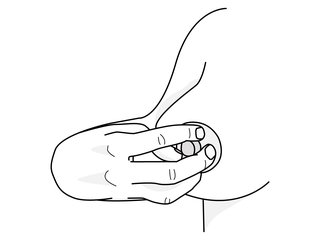 Image of a woman holding her nipple with cupped fingers.