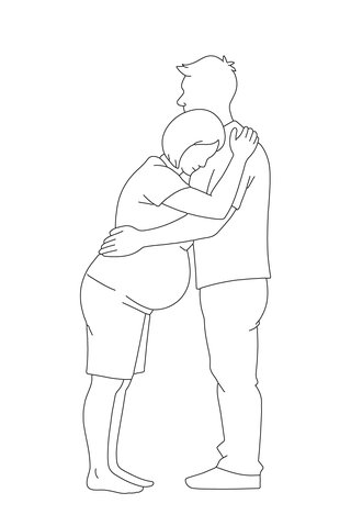 pregnant woman leaning her upper body against a partner's chest while standing