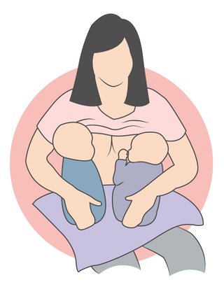 An illustration of a mother feeding twins in the upright latch position